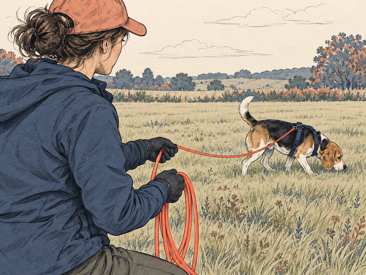 A handler feeding a coated long line through gloved hands in an open field