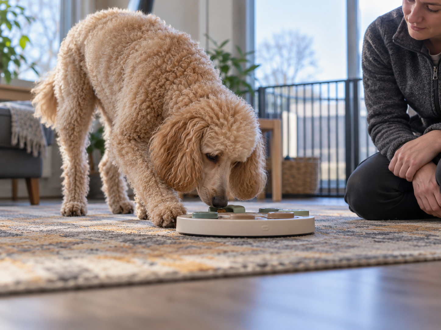 A dog solving an easy open food puzzle under close supervision