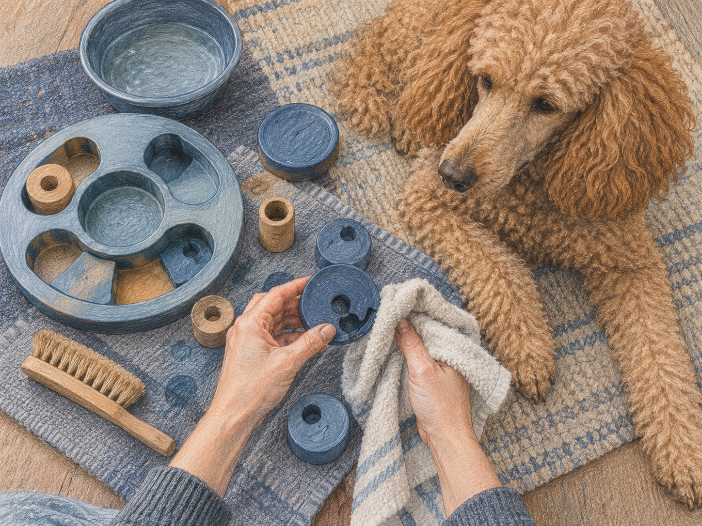 A cleaning and damage-check scene with generic puzzle parts, brush, and drying cloth