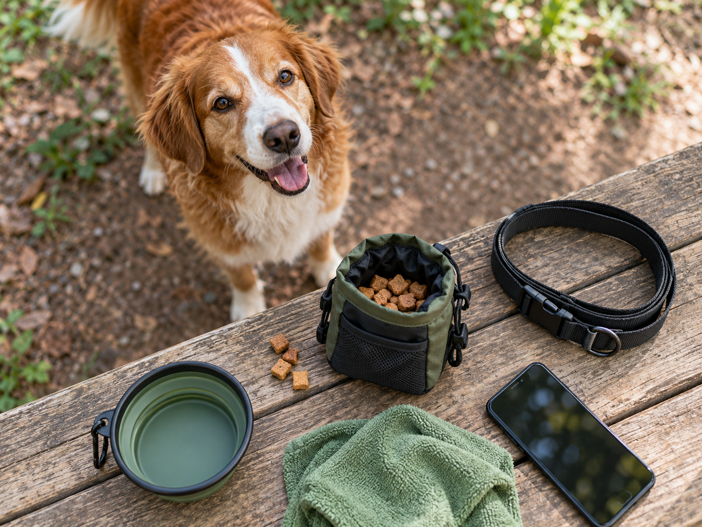 A top-down buying checklist scene with pouch, safe treats, belt, cloth, and phone, no readable text