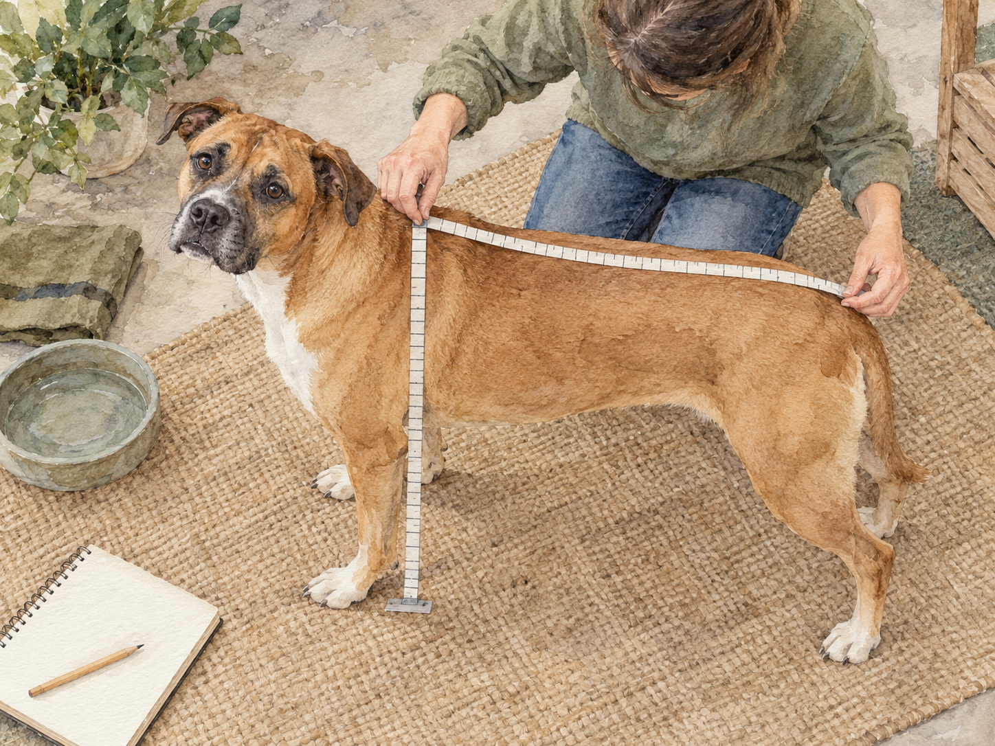 A measurement process showing standing height and body length with no readable numbers