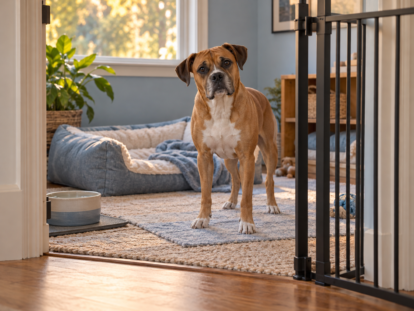 A gated safe room alternative with bed and water for a dog uncomfortable with confinement