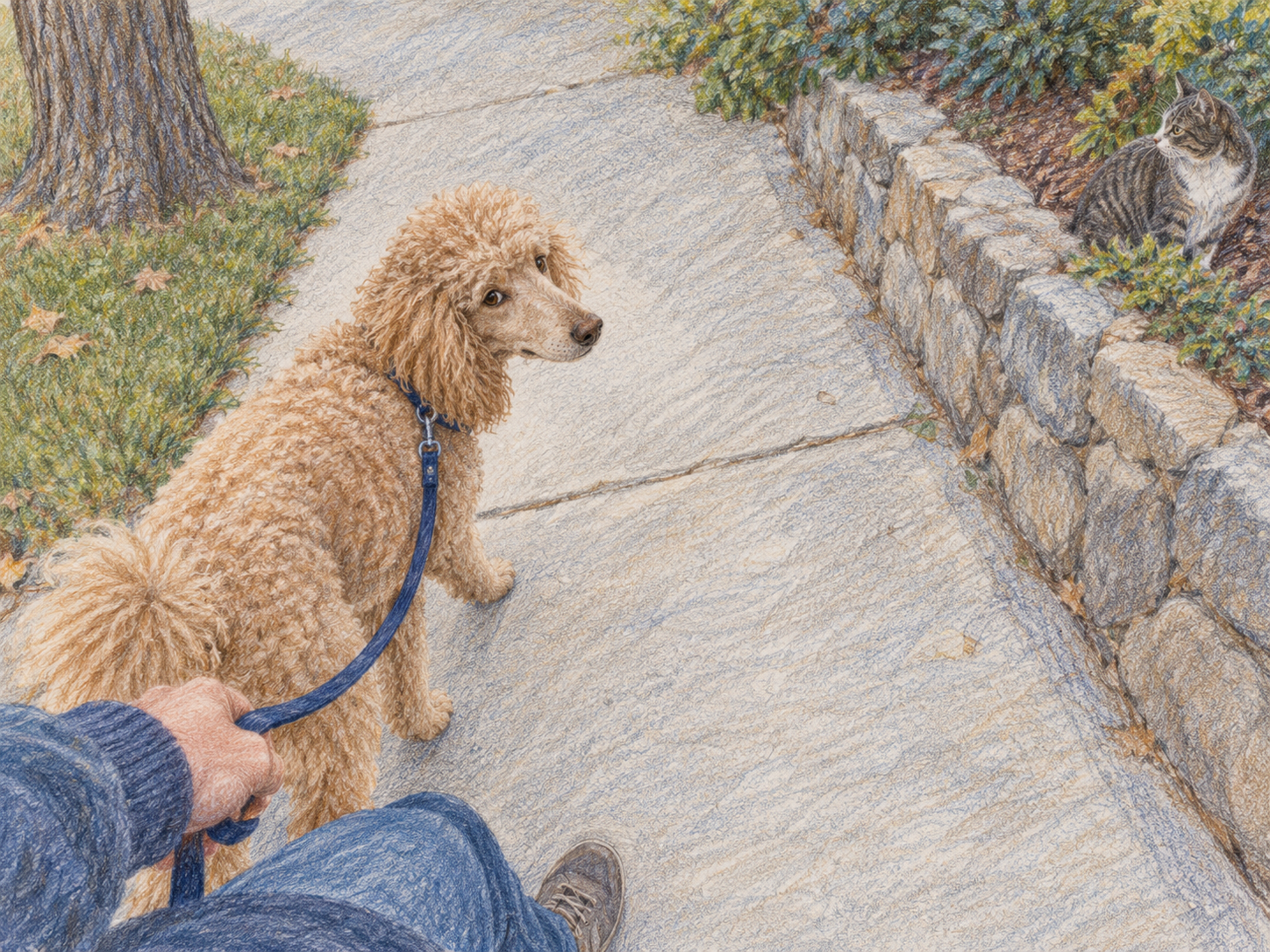 A quiet outdoor scene where distance from a distraction functions as the dog's reward