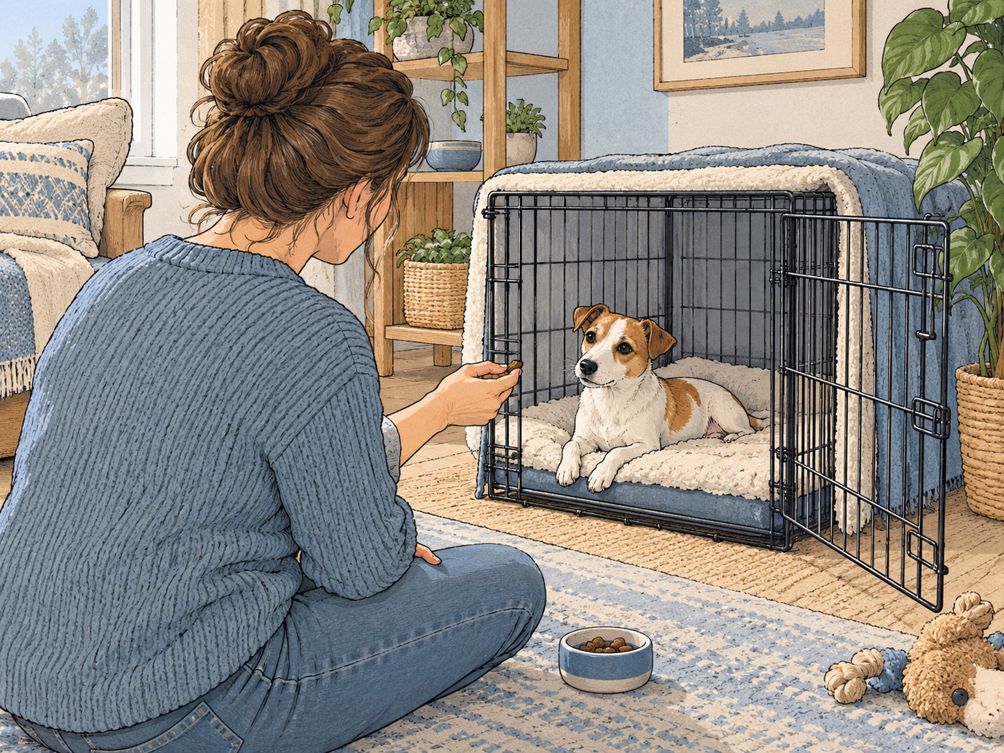 A correctly sized crate in a calm room with the door secured open and safe bedding