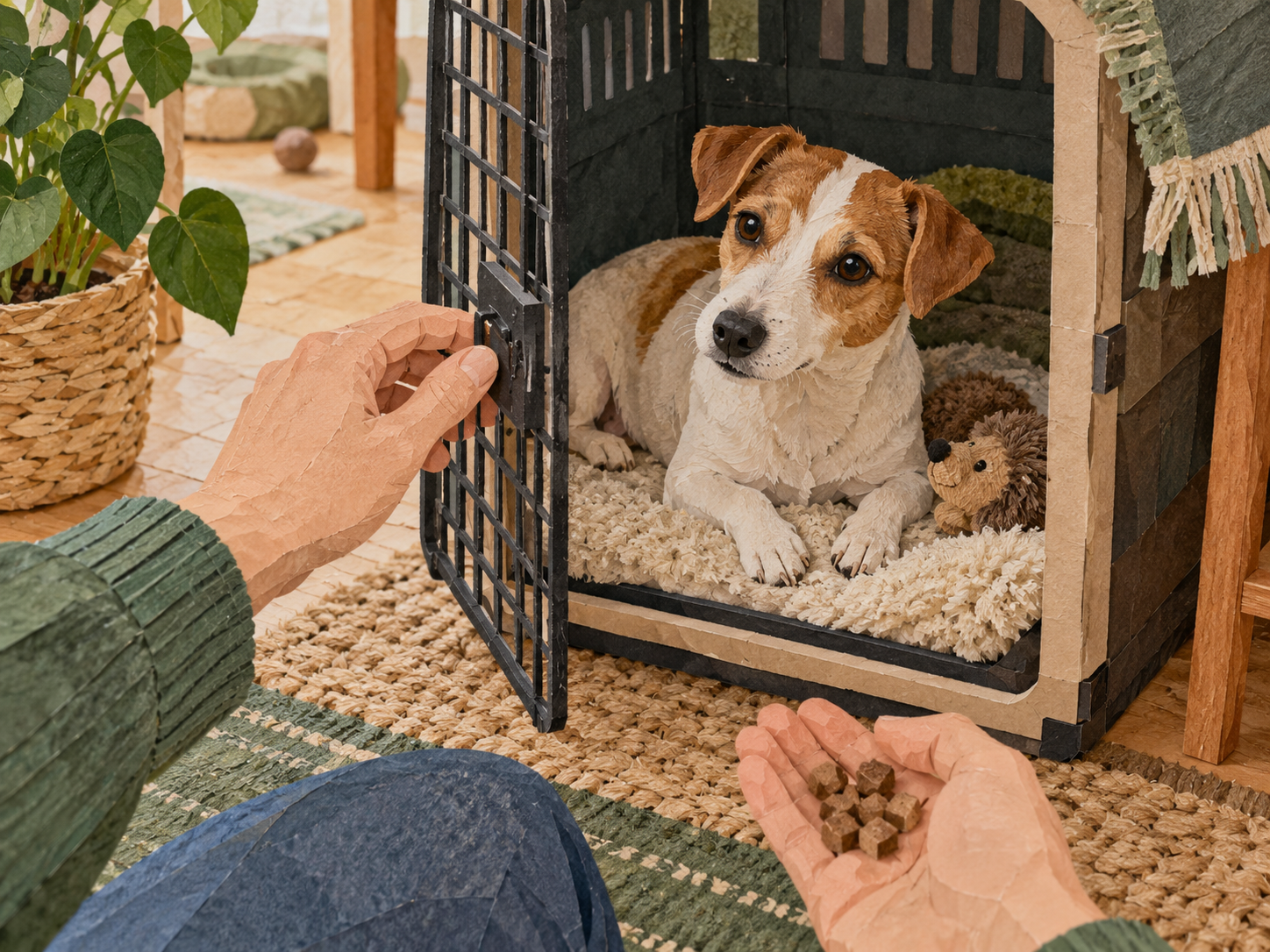 A tiny door-movement rehearsal with the guardian beside the crate and the dog still relaxed