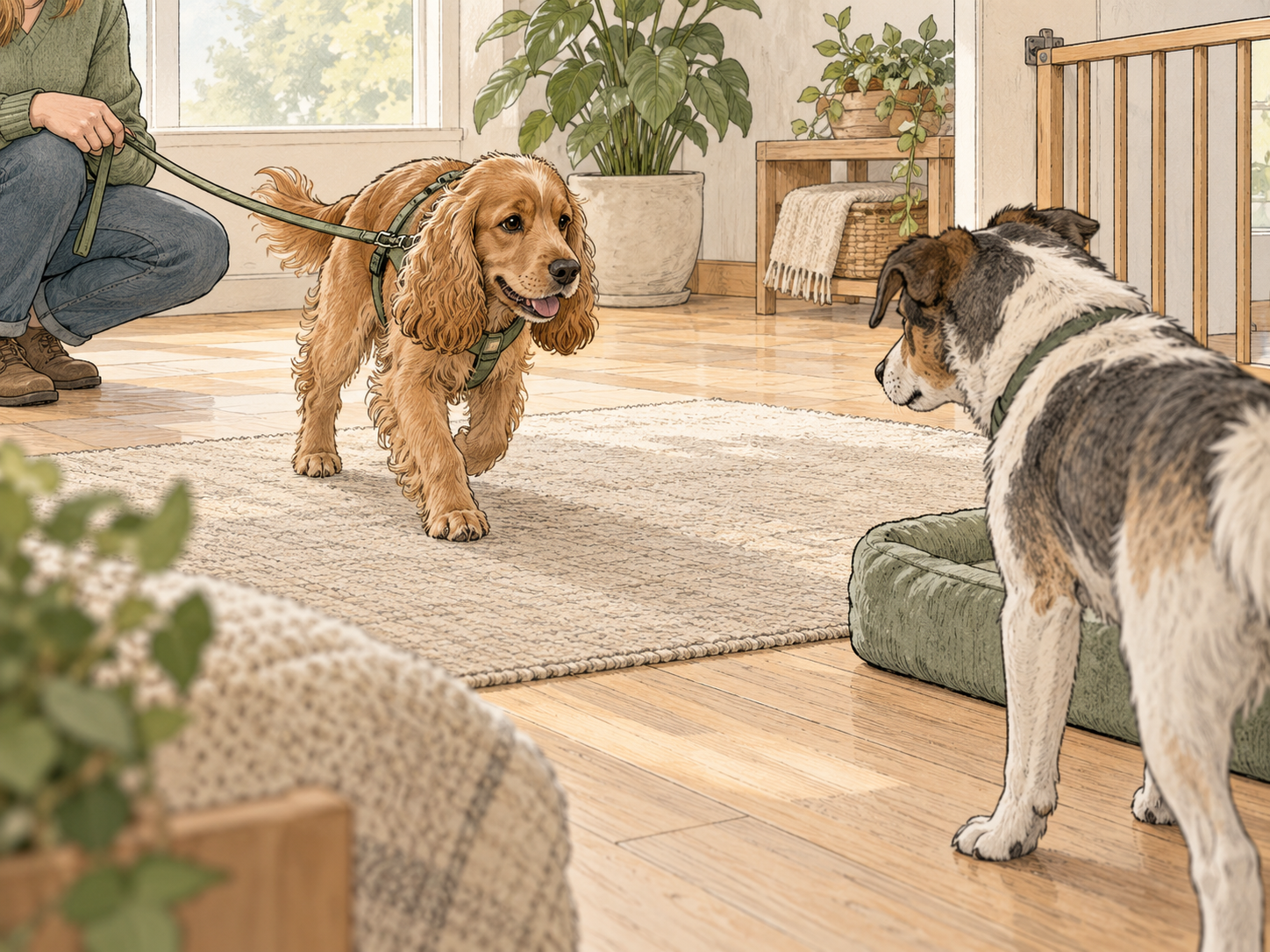 Two dogs separated for a consent check, one choosing to re-approach while the other can leave