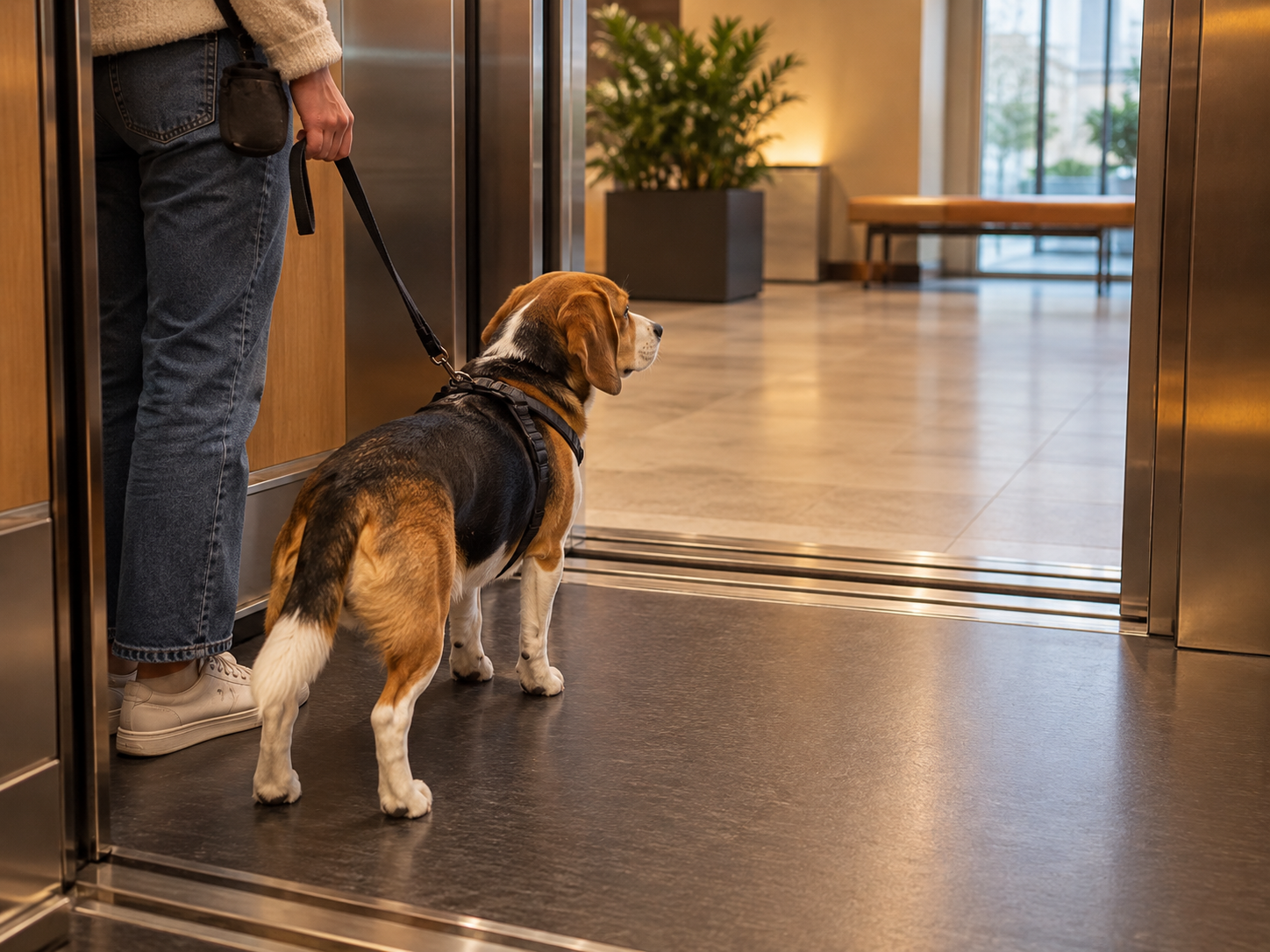 An elevator rehearsal with the doors open, clear space, and no forced greeting