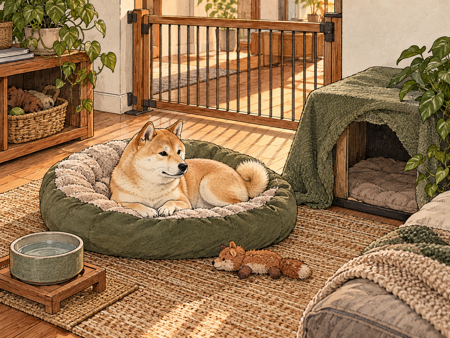 A simple landing zone with water, bed, retreat, identification tag, and secure gate