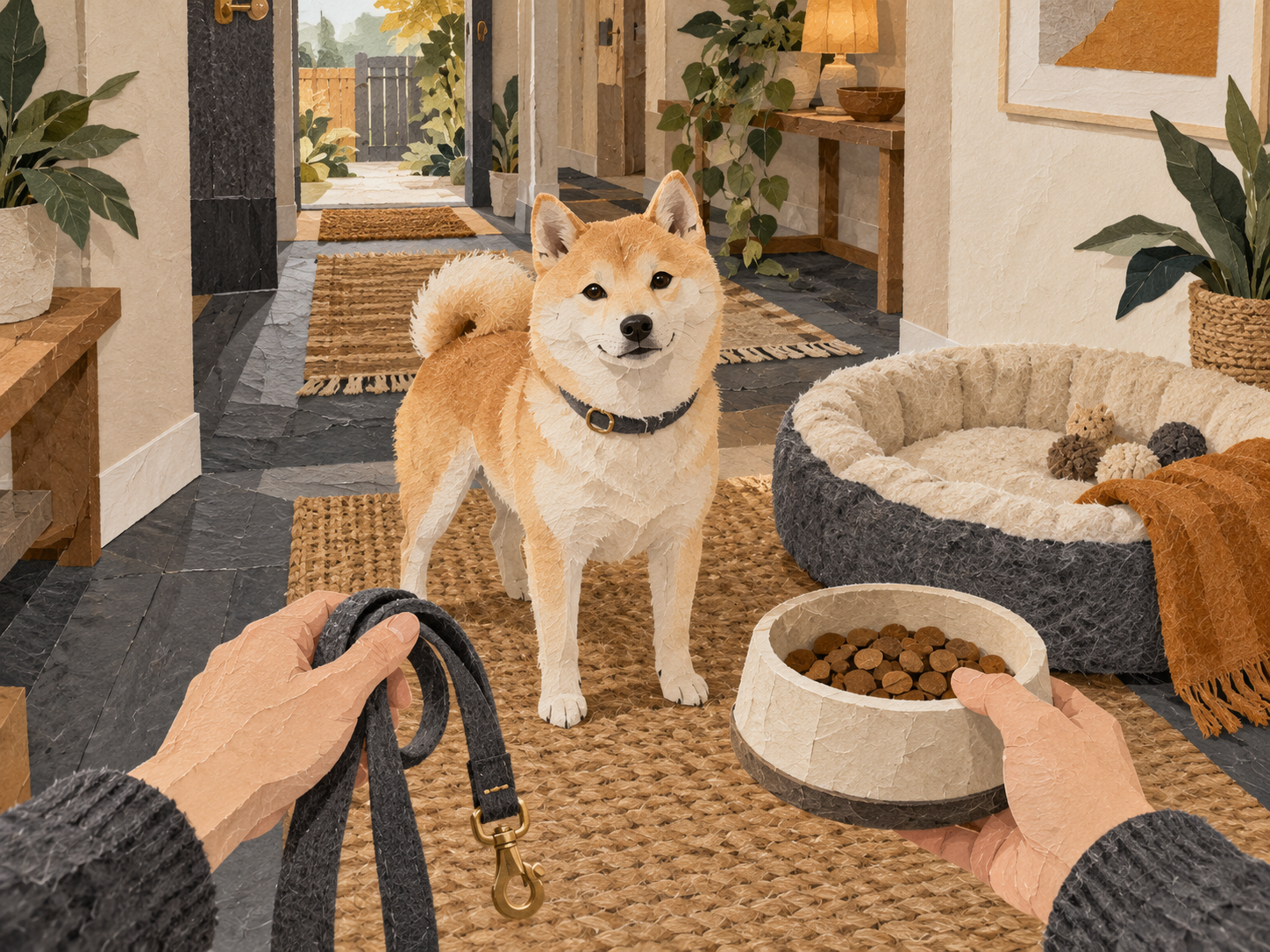 A calm routine of leash, food bowl, and resting place arranged without visitors or pressure