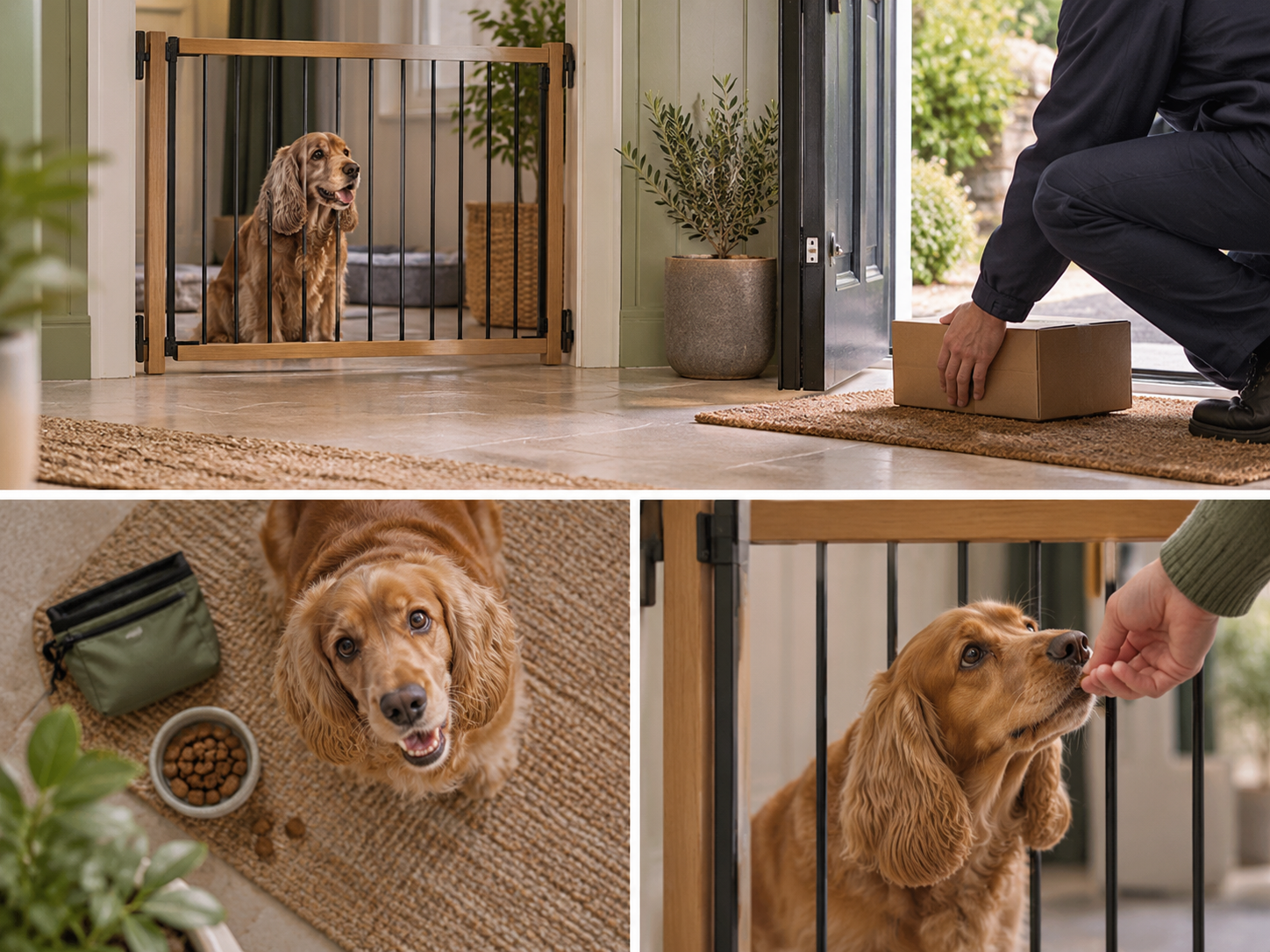 A layered doorway scene with the dog behind a gate while a parcel is received safely