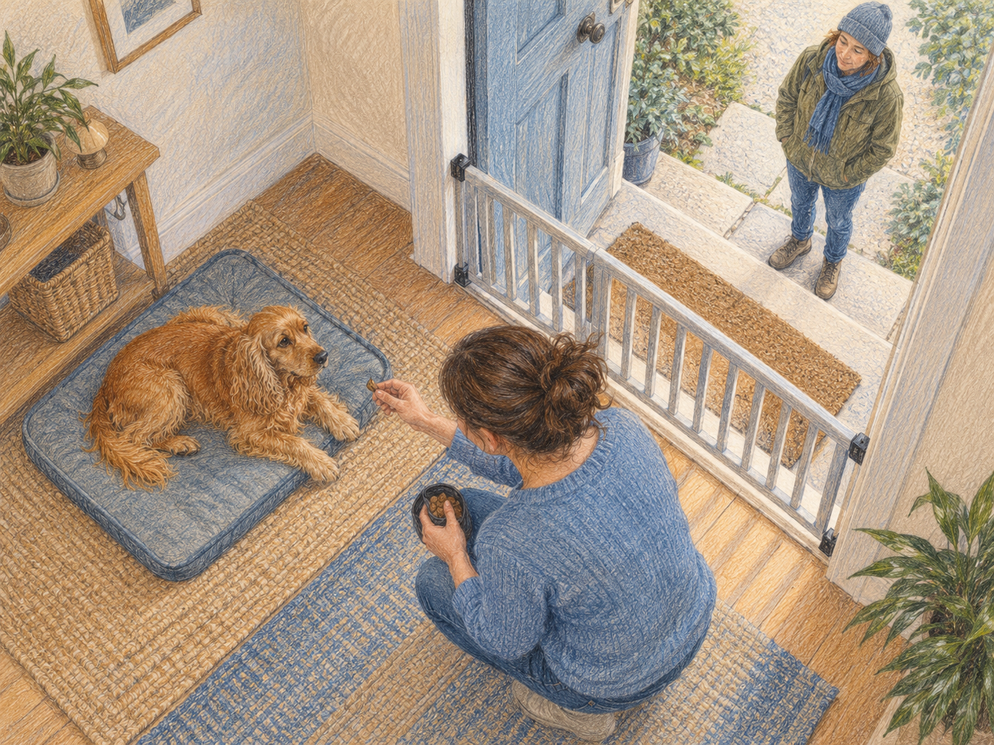 A calm helper standing outside as the guardian rewards the dog for remaining at the distant station