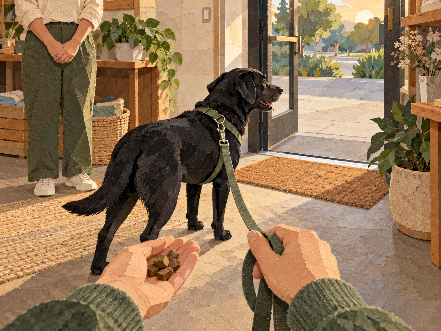 One calm helper following a side-on no-reaching script while the dog retains an exit