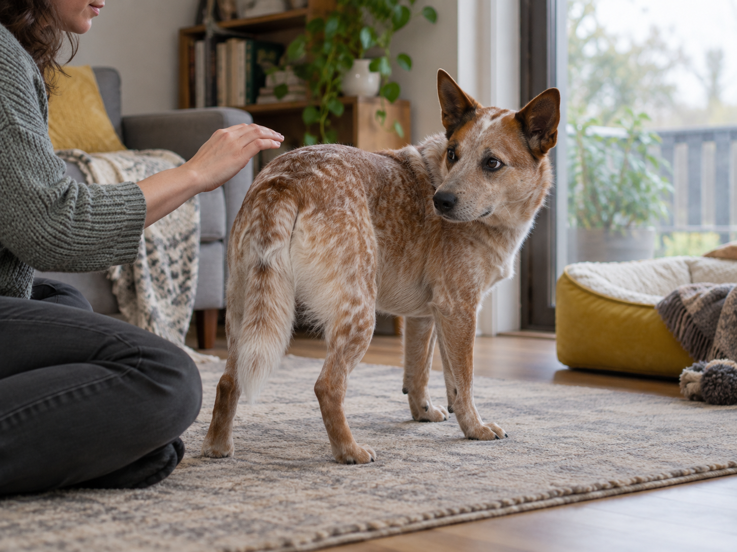 A guardian pausing petting as the dog chooses whether to return