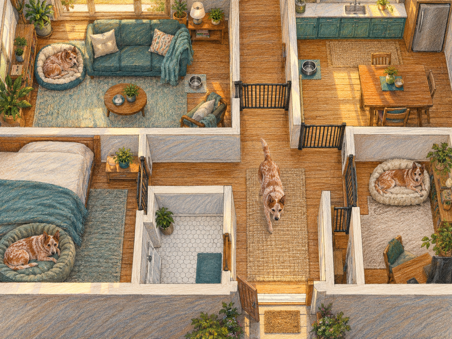 A room-by-room setup with gates, quiet beds, water, and a clear escape route