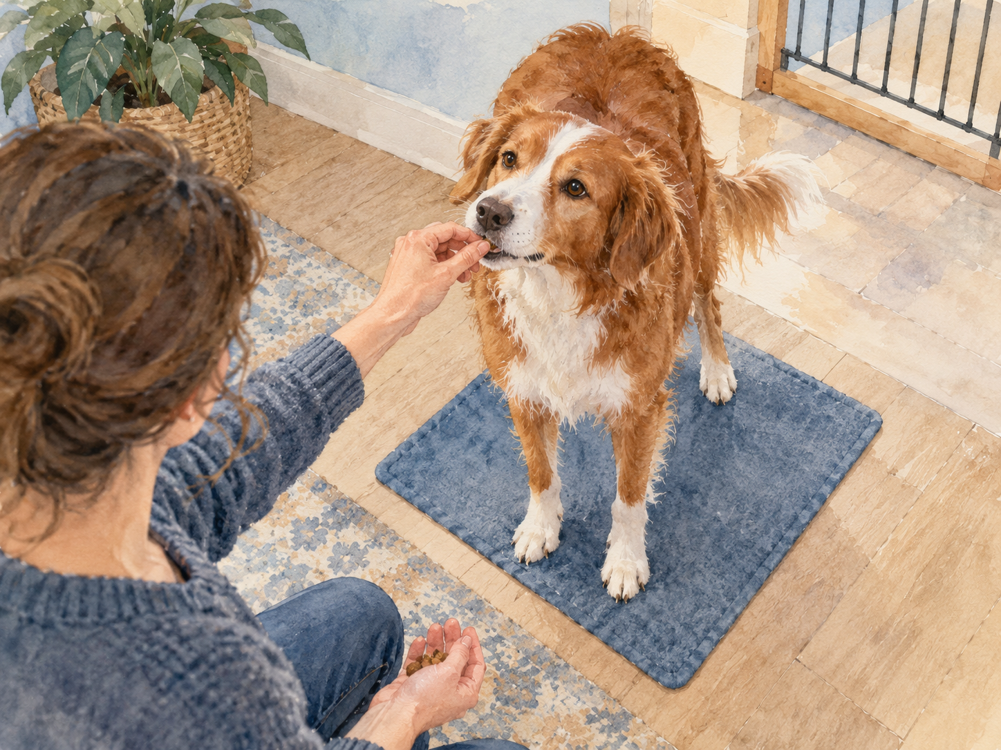 A close view of a hand delivering a treat immediately after four paws settle on a mat