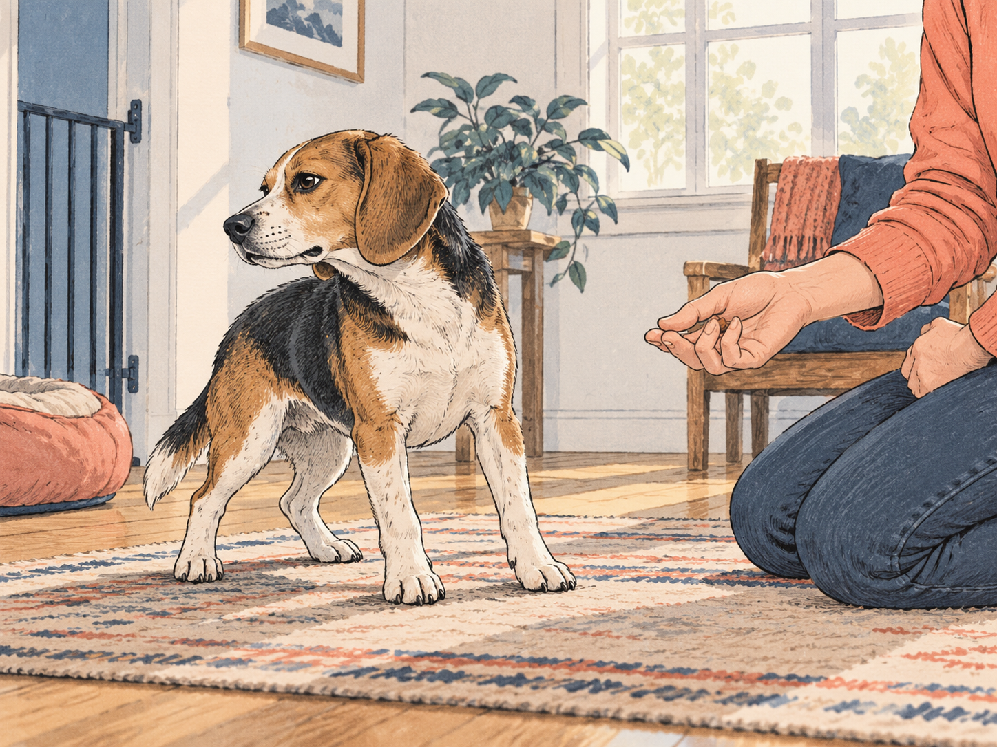 A dog turning its head away and shifting weight back as a subtle session-ending signal