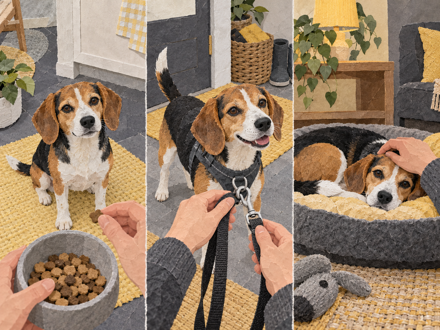 Three small household training moments across breakfast, leash preparation, and evening settling
