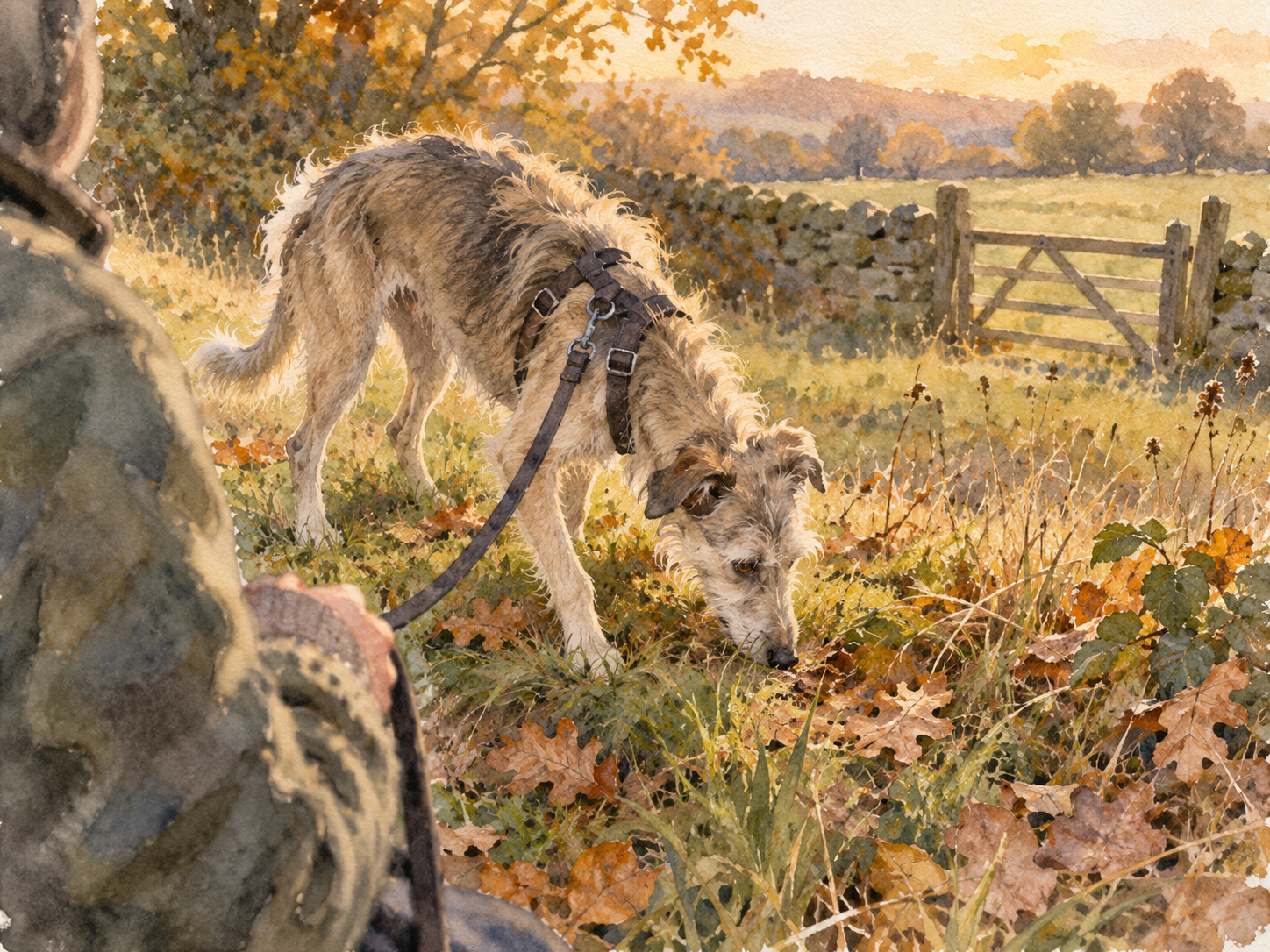 A close ground-level view of the dog's nose exploring grass and leaves without frantic motion