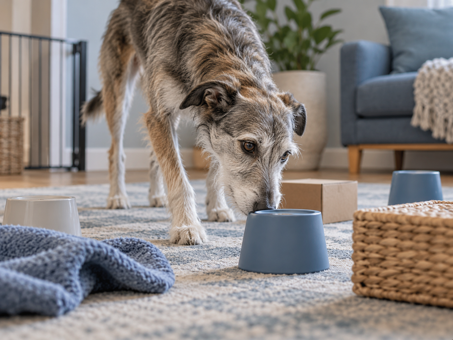 An indoor scent-search activity with a few hidden treats and clear, low-risk choices