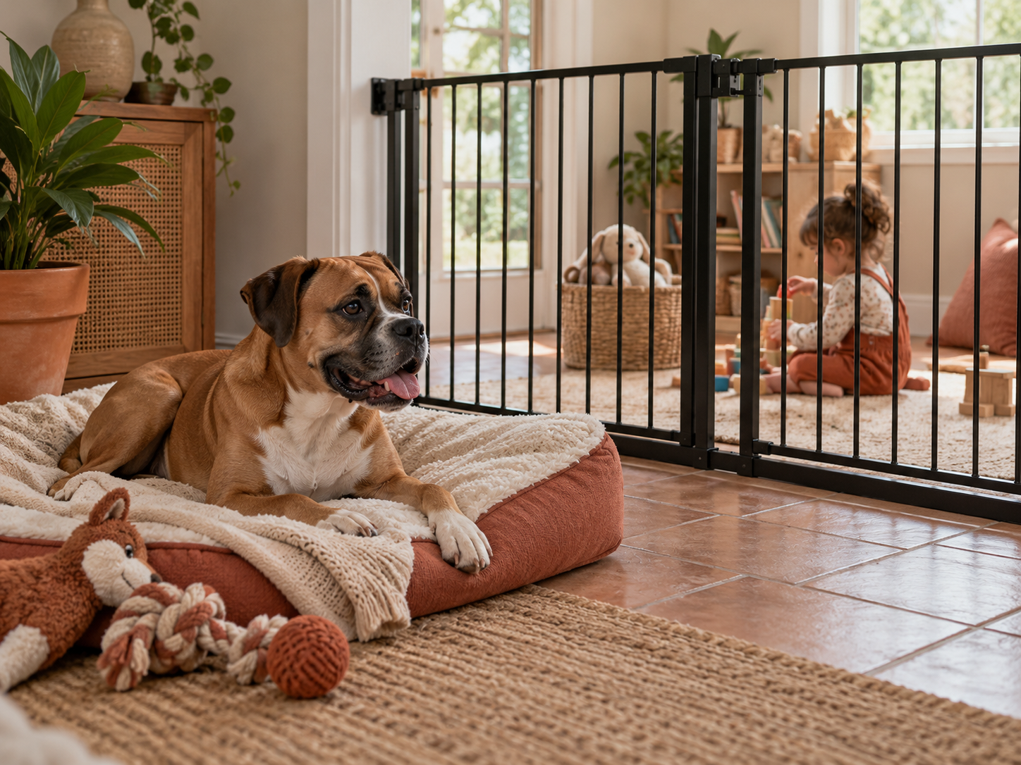 Separate dog-only and child-only zones with beds, toys, and secure barriers