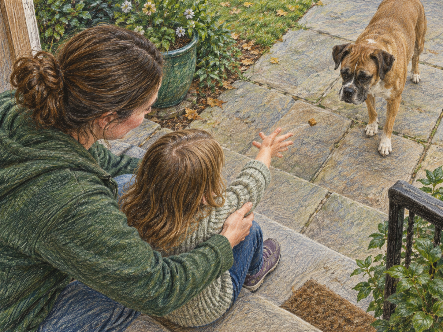 An adult helping a seated child toss a treat away from the body while the dog chooses distance