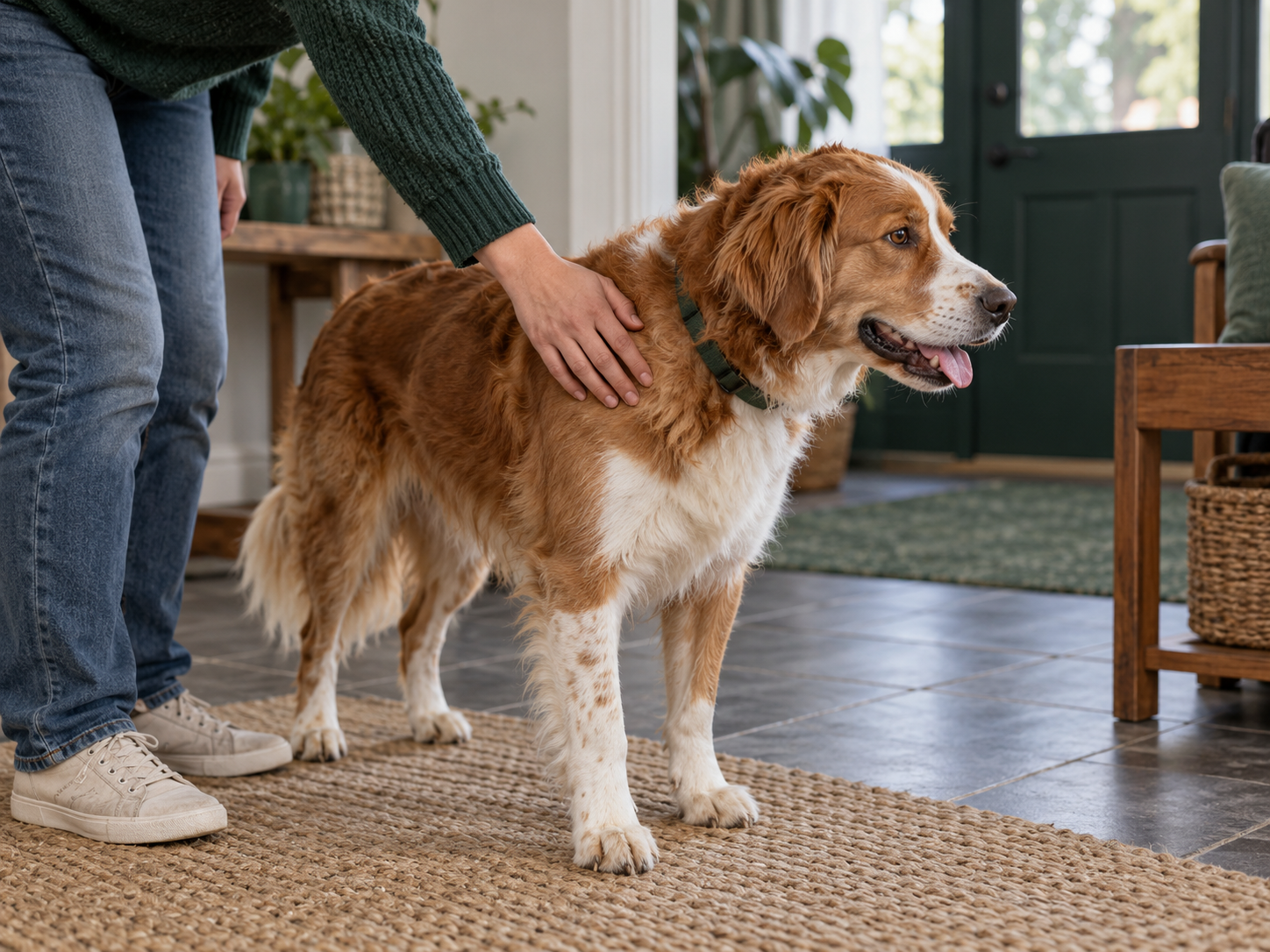 A guardian briefly touching a shoulder while the dog remains free to move away
