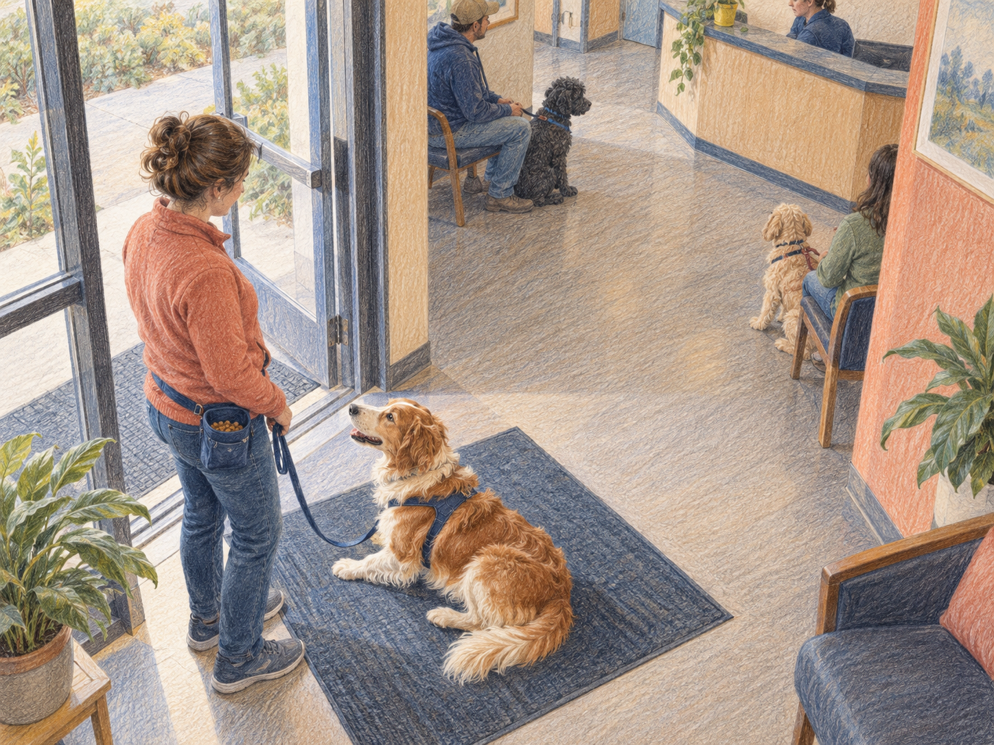 A quiet clinic-arrival plan with harness, treat pouch, mat, and space from other patients