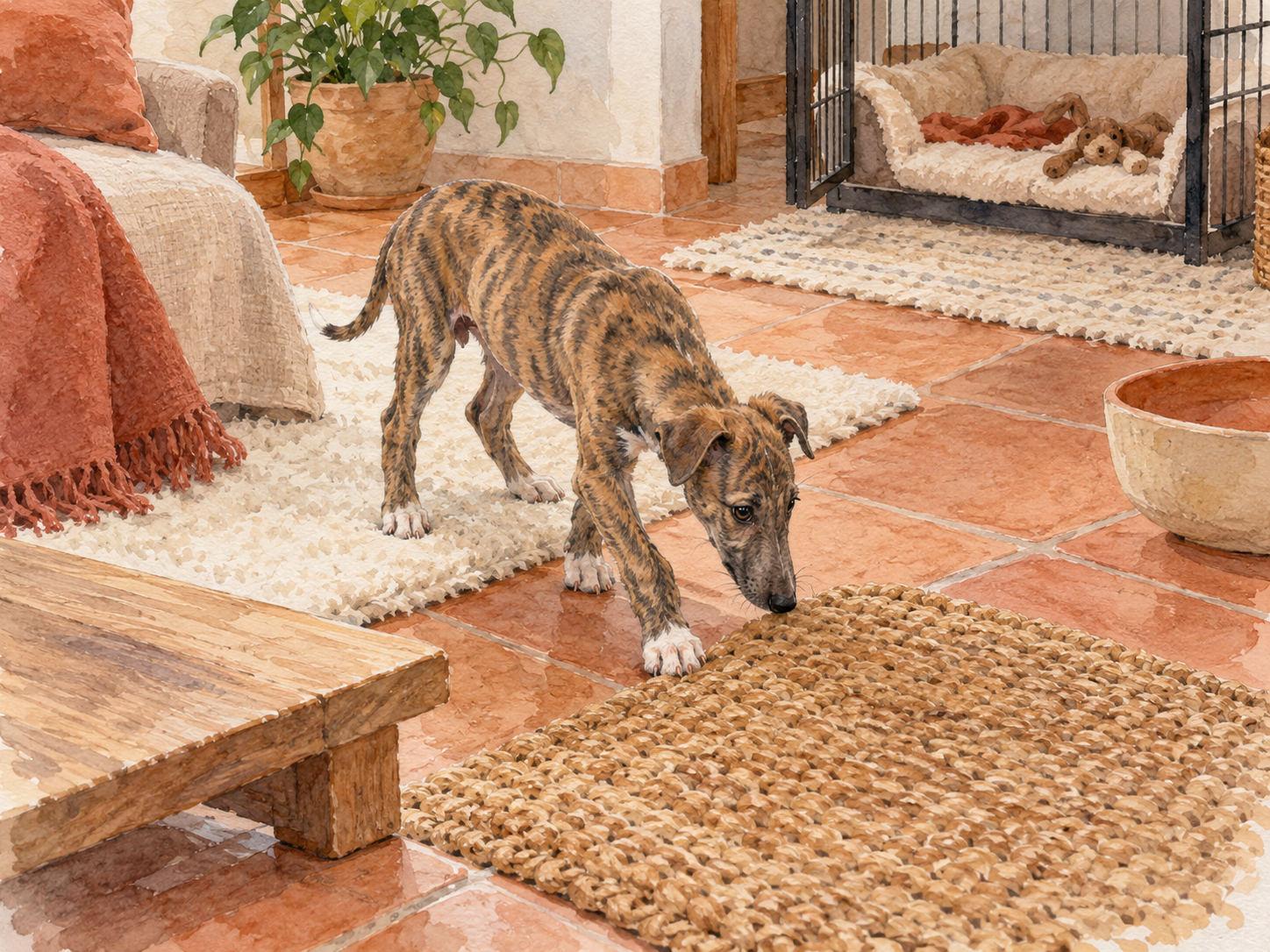 A puppy exploring several safe household surfaces with the option to retreat