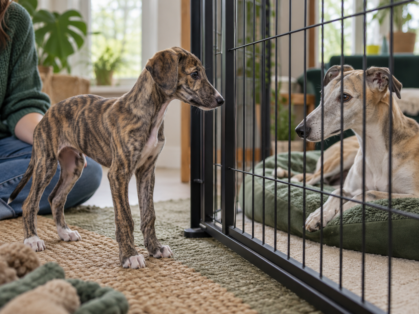 A vaccinated puppy watching a calm healthy adult dog through a secure barrier under supervision