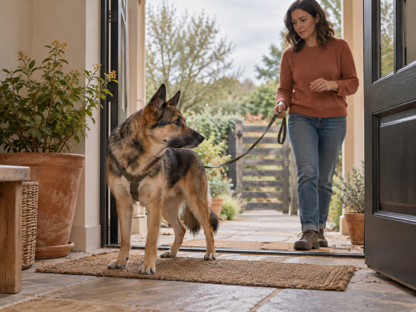 A guardian stepping back after noticing the dog's head turn, closed mouth, and weight shift