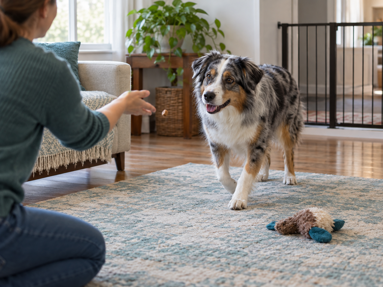 An adult tossing a higher-value treat from safe distance from a low-value toy