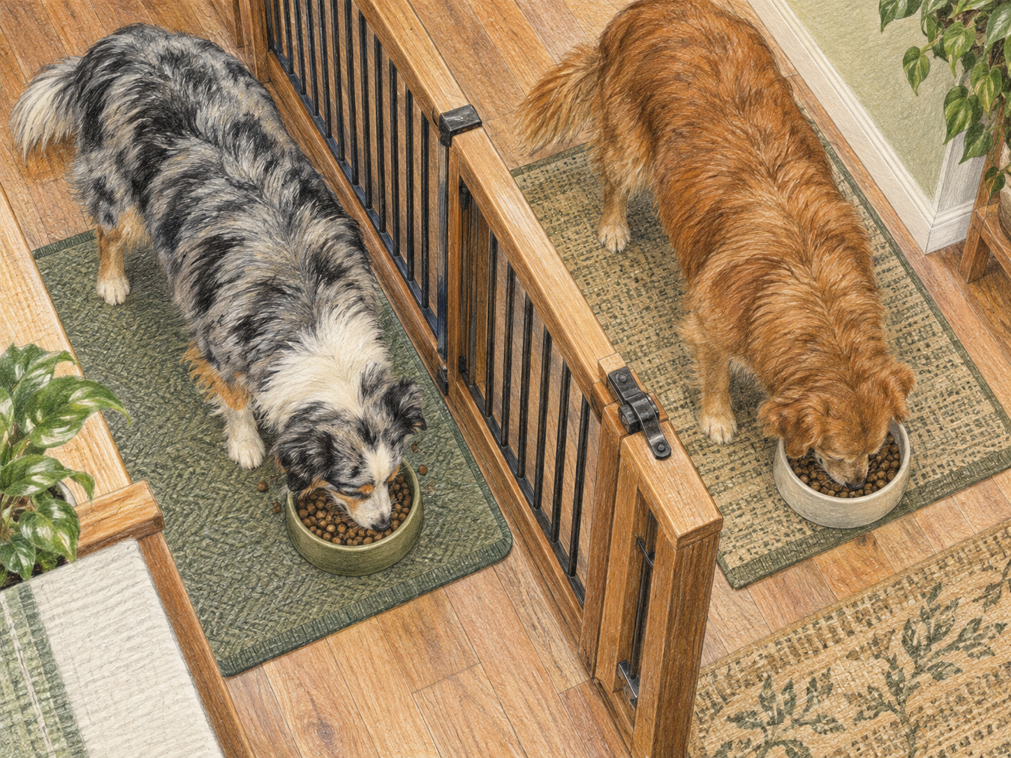 Separate feeding zones for two dogs with closed barriers and no child involvement