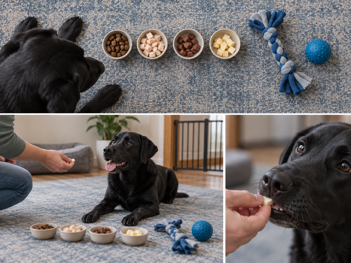 An unbranded selection of tiny food rewards, a tug toy, and a ball arranged for choosing reward value