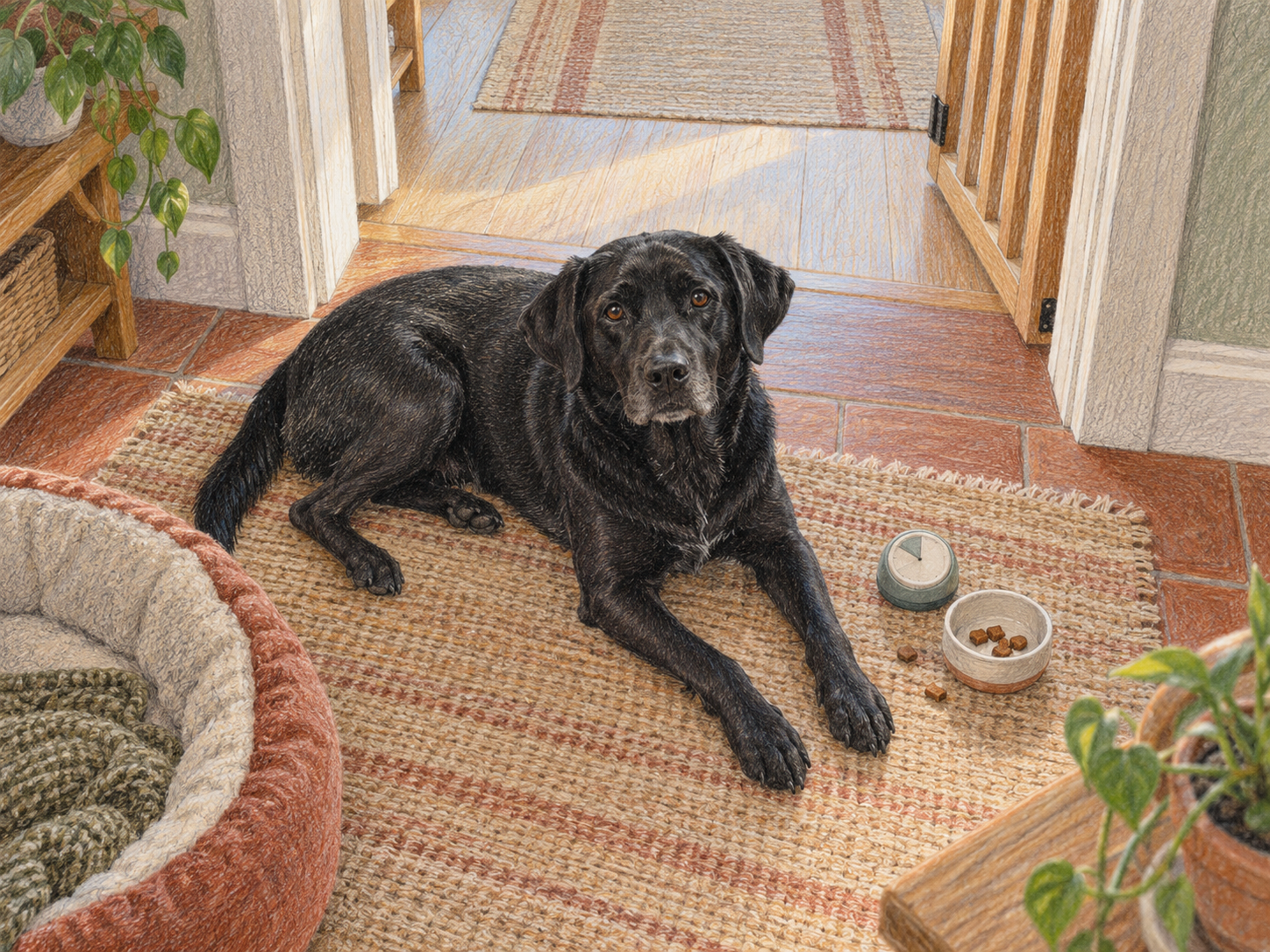 A dog resting after a short session beside a timer with no readable display and a few unused treats