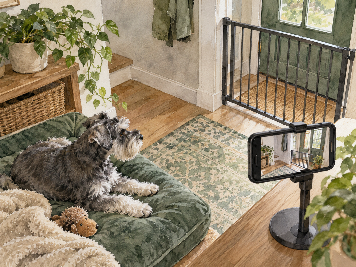 A phone on a stand recording the entryway while the dog remains below panic threshold