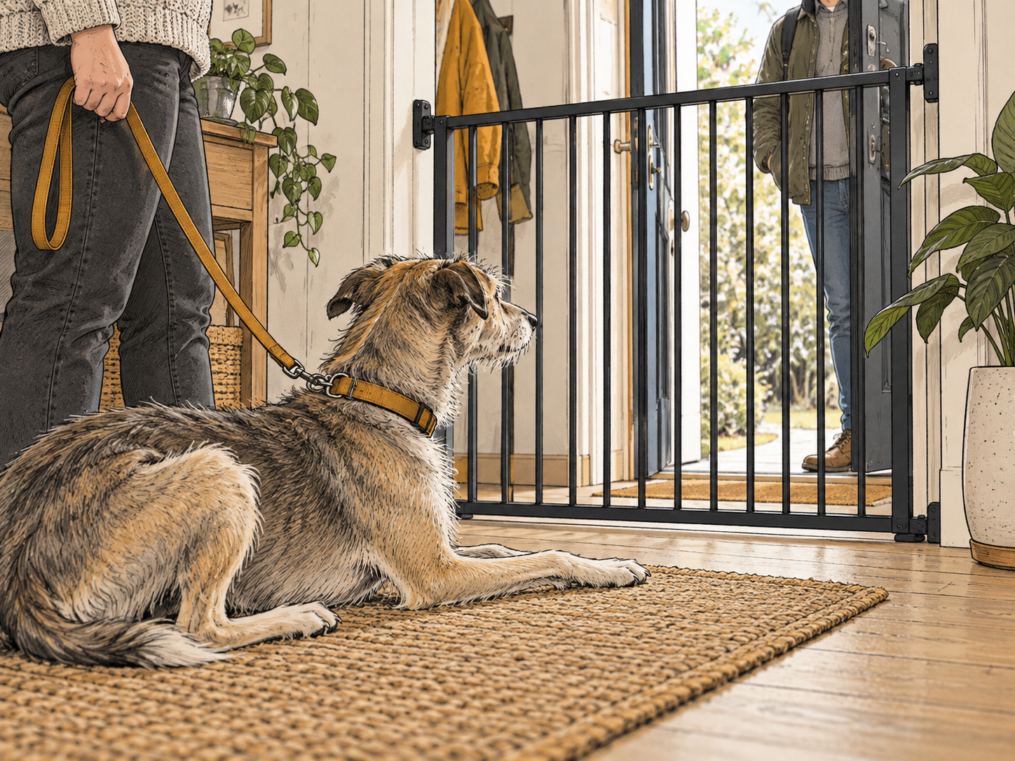 A gate and leash setup preventing rehearsal before the visitor steps inside