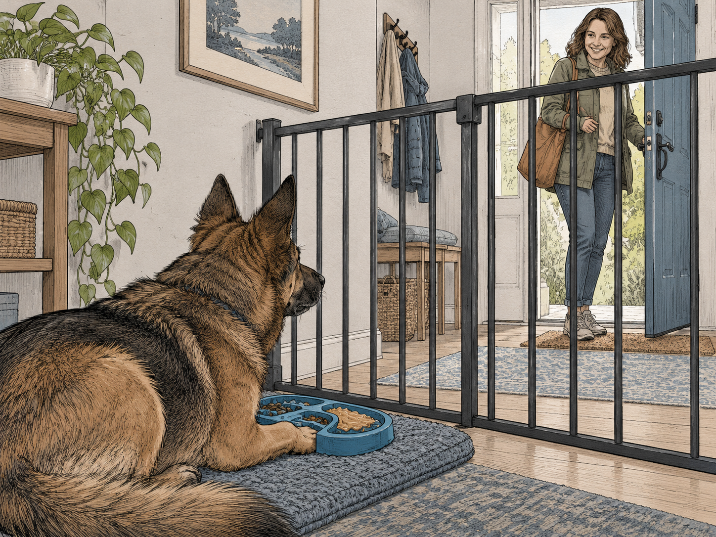 A dog waiting behind a gate with a food activity while a visitor enters