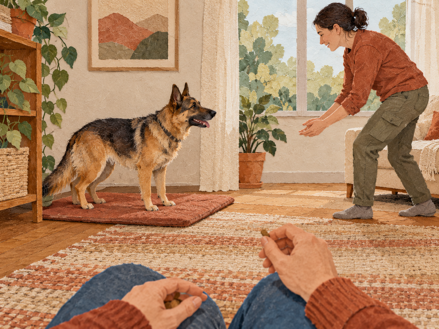 A helper approaching in a controlled rehearsal as the dog remains free to retreat to a mat
