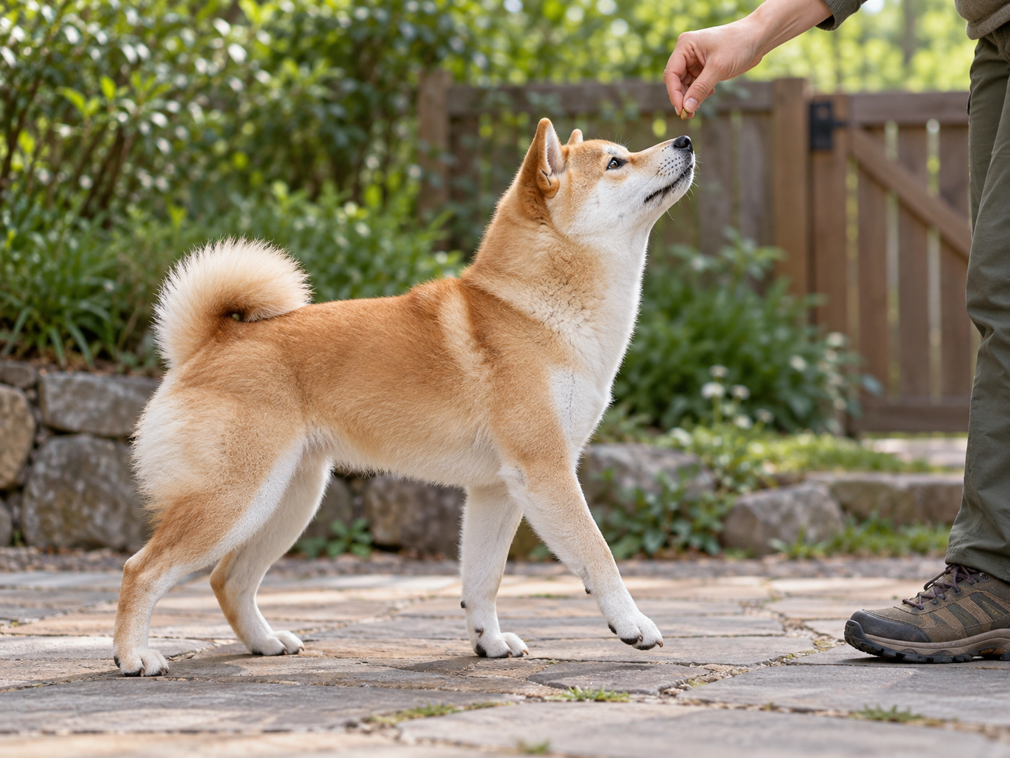 A side view showing a slow food lure above the dog's nose without touching or pushing the body