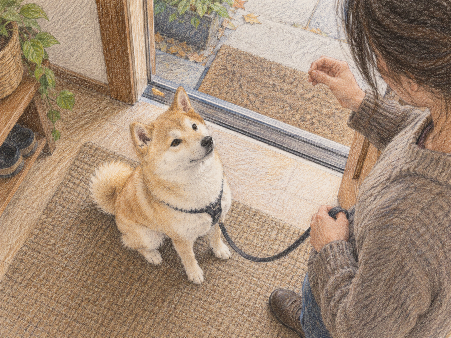 The same dog practicing a sit near a doorway after succeeding in a quiet room