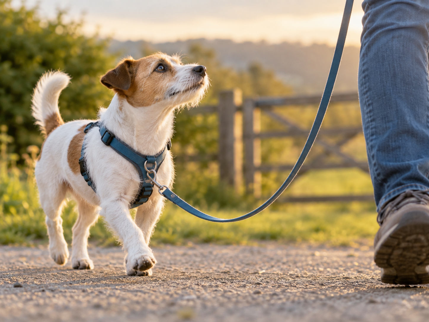 A close side view of a slack leash, comfortable harness, and voluntary check-in