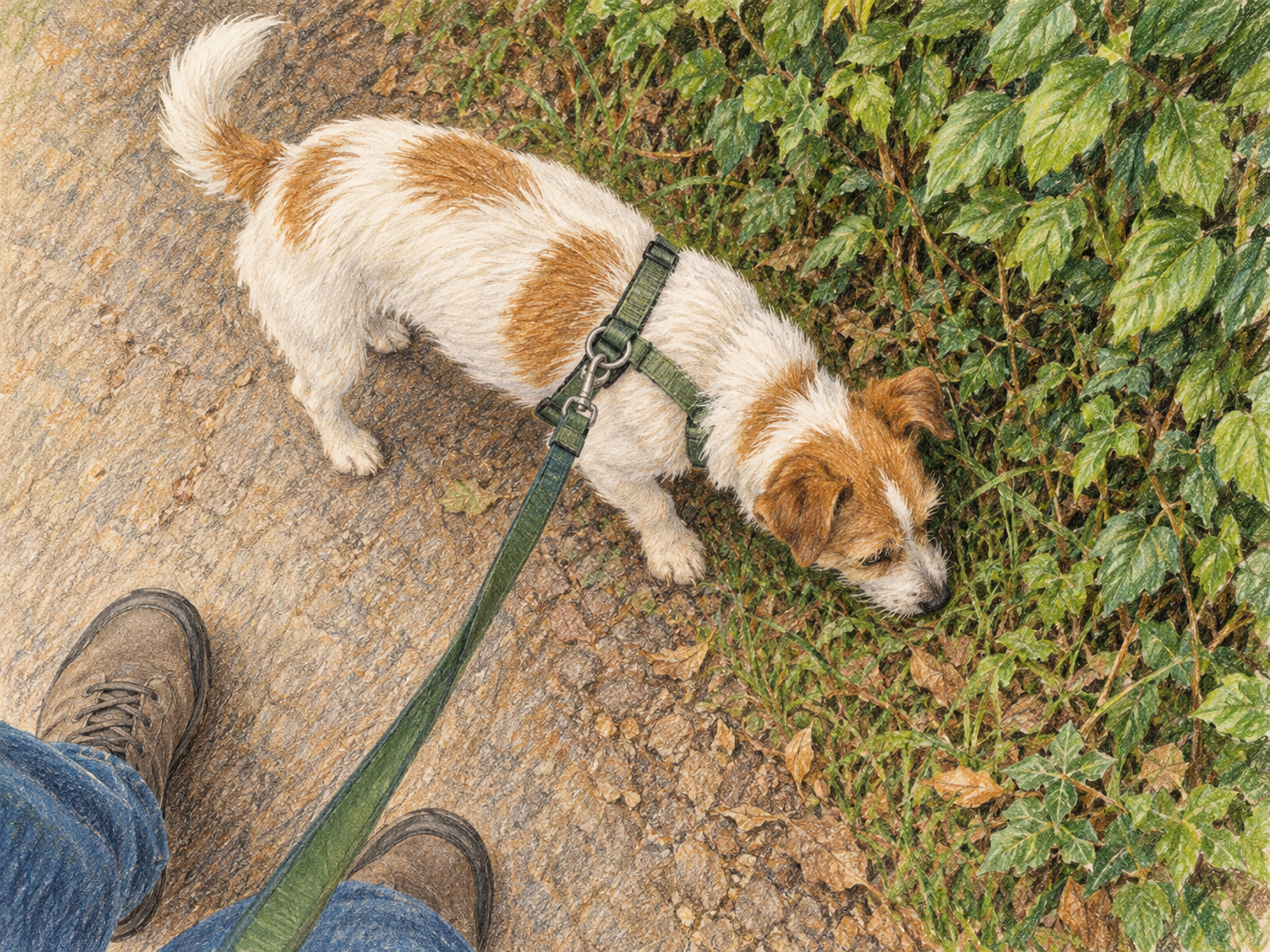 A planned sniff break beside a hedge after several steps of loose-leash walking