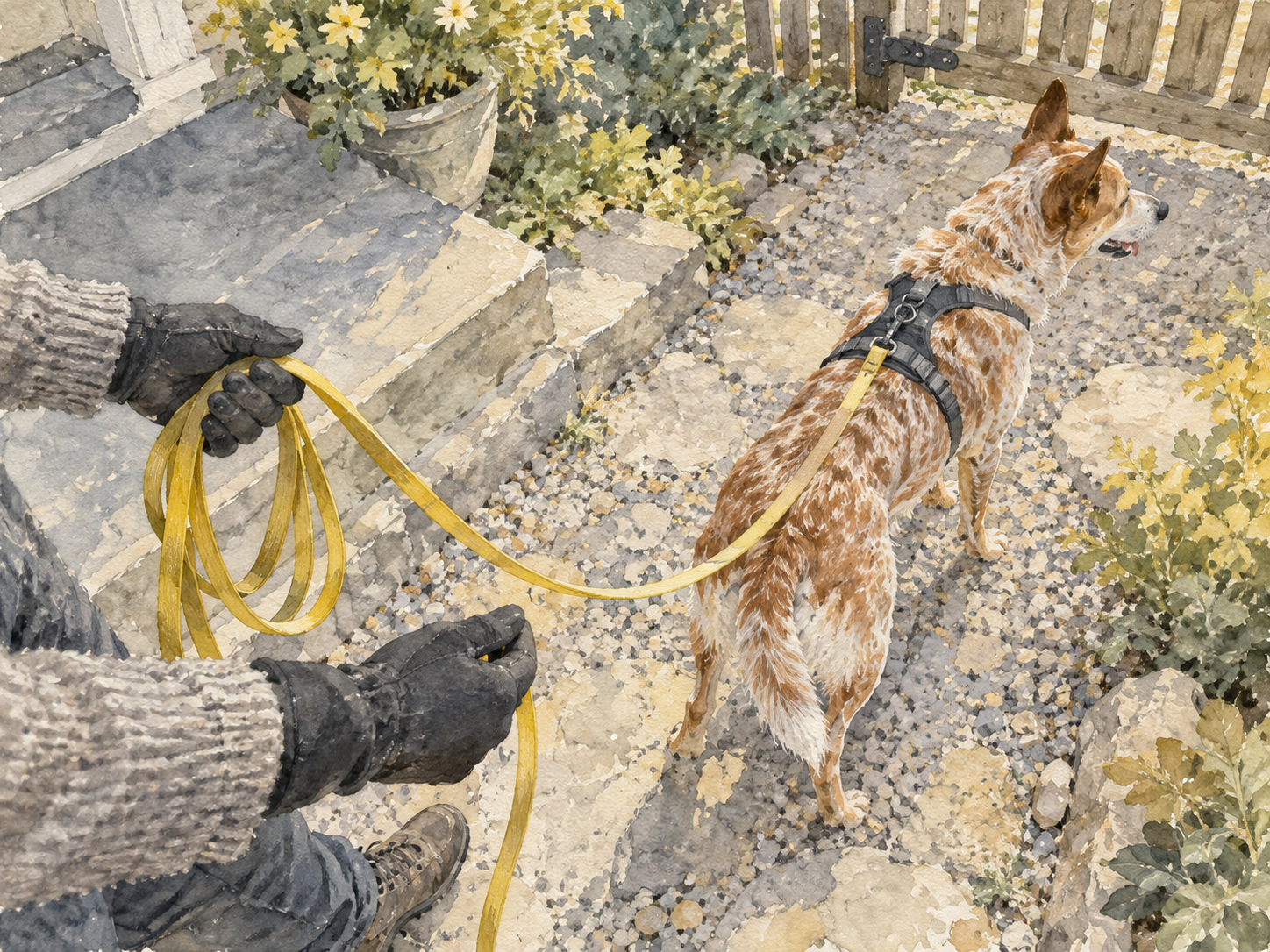 A long line attached to a well-fitted harness with the handler feeding slack safely through gloved hands