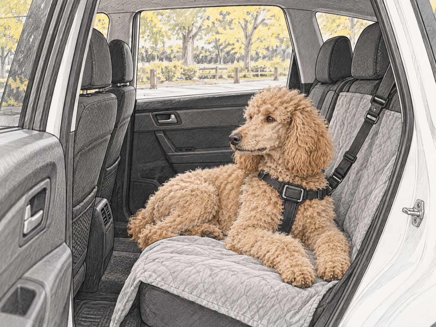 A dog resting in a stationary vehicle with ventilation, restraint, and the engine off
