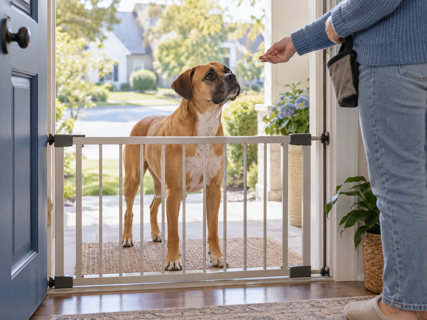 A calm boundary at an open doorway using a gate and rewards rather than physical correction