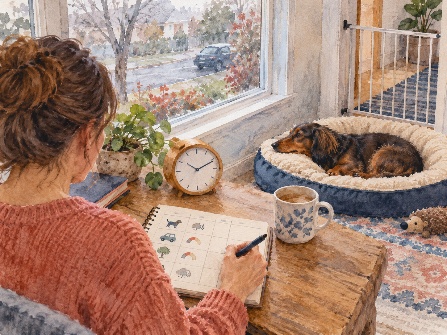 A notebook, clock, window view, and resting dog suggesting a trigger-and-recovery log with no readable text