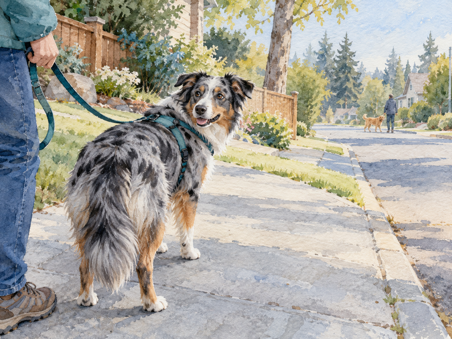 A dog noticing a distant distraction while still able to turn back toward the guardian